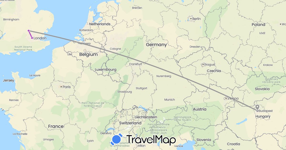 TravelMap itinerary: driving, plane, train in United Kingdom, Hungary (Europe)
